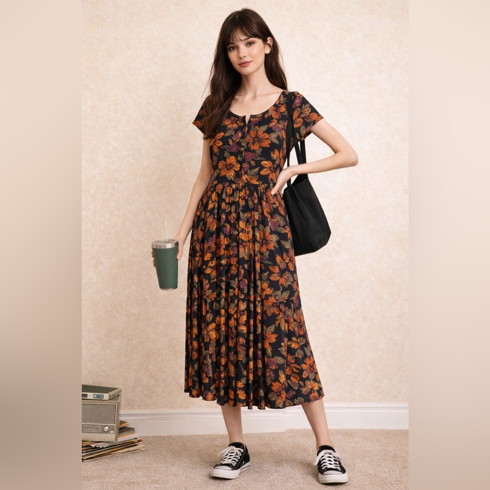 VINTAGE Pleated Midi Dress Plus Size SM* Black Floral 90's Dark Romance Feminine